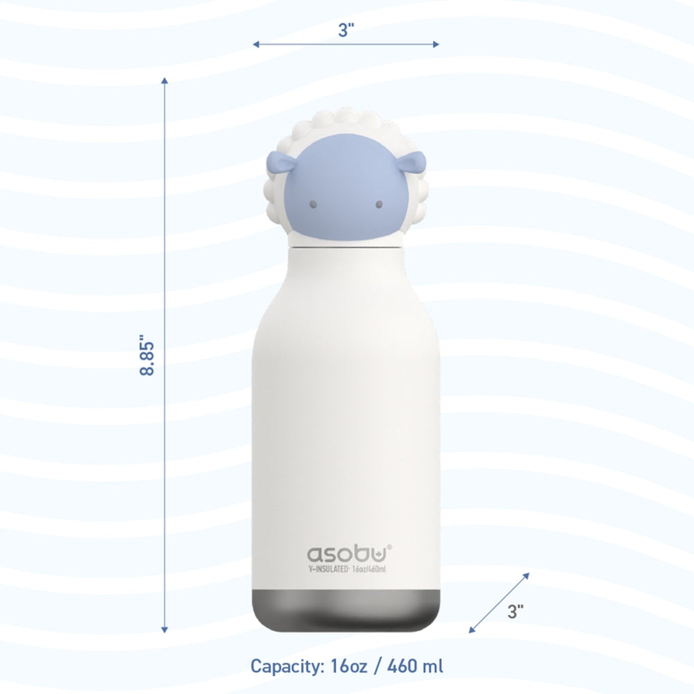 Asobu Bestie Animal Double-Wall Stainless Steel Bottle 16oz Sheep, white body with blue sheep head cap; 16oz capacity.