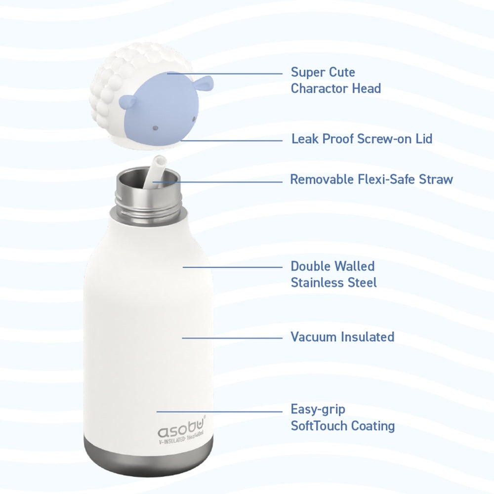 ASOBU Bestie Animal 16oz bottle with sheep head lid open, removable straw, vacuum-insulated double-walled steel.
