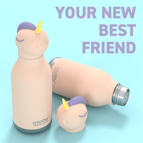 Asobu Bestie Animal Double Wall Stainless Steel Bottle 16oz Unicorn, standing with cap off beside, pastel pink with purple horn