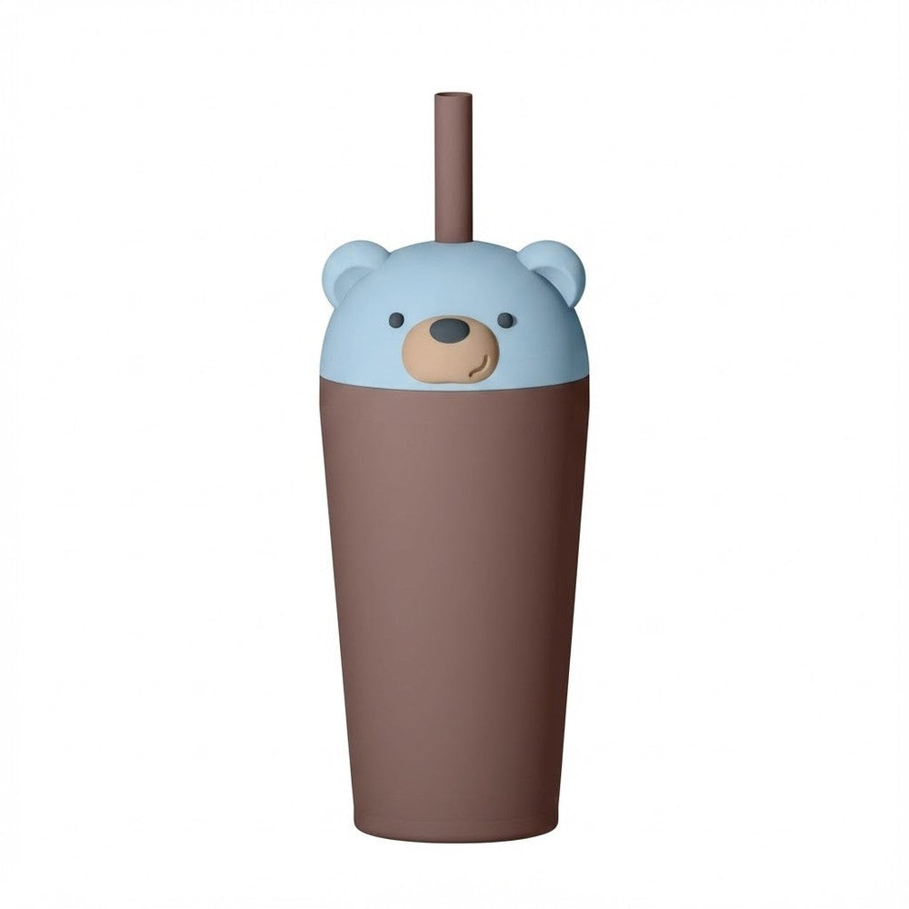 ASOBU Bestie Animal Vacuum Insulated Straw Tumbler 24oz Bear: brown body, blue bear lid, straw upright.