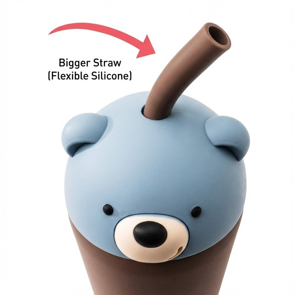 Asobu Bestie Animal Vacuum Insulated Straw Tumbler 24oz Bear; blue bear with a bigger flexible silicone straw.