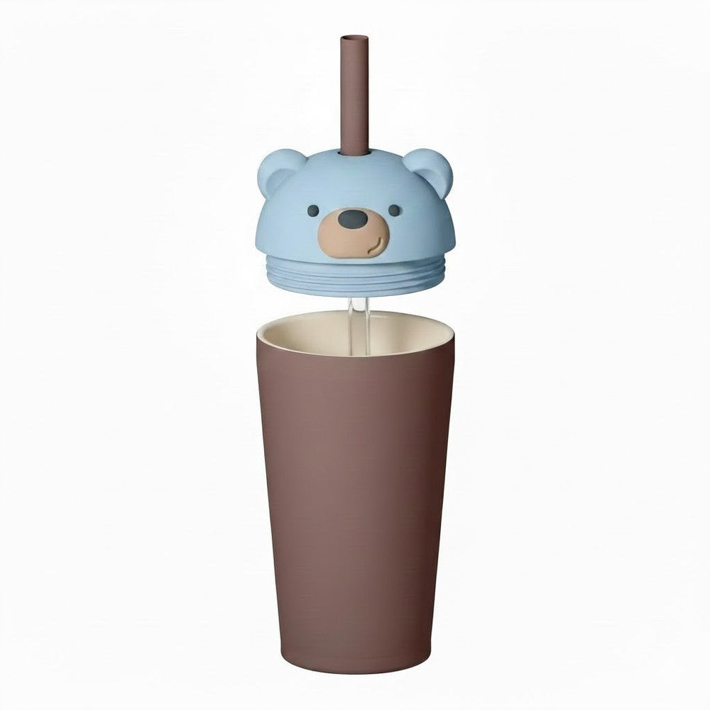 Asobu Bestie Animal 24oz Bear vacuum-insulated straw tumbler; blue bear lid sits above the brown cup with straw ready to sip.