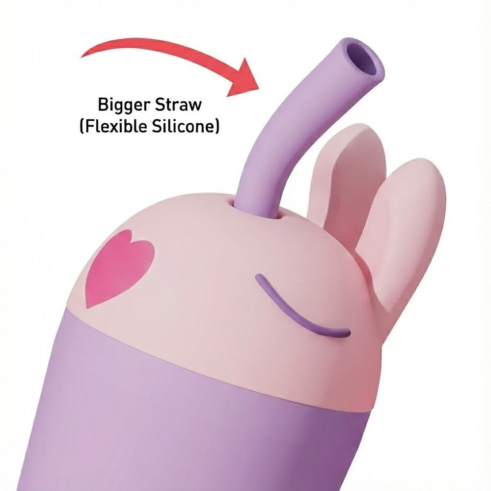 ASOBU Bestie Animal Vacuum Insulated Straw Tumbler 24oz Bunny, pink and purple, features a flexible silicone straw in use.