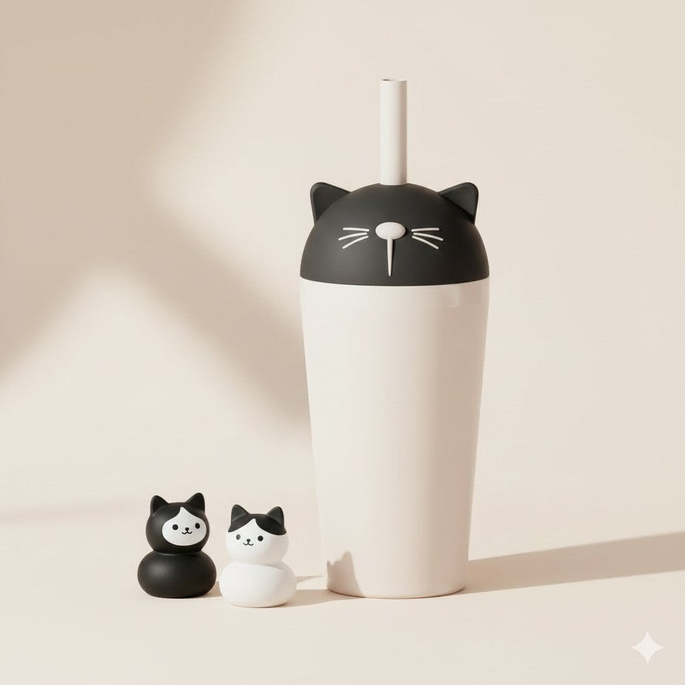 Asobu Bestie Animal Vacuum Insulated Straw Tumbler 24oz Cat with black lid, white straw, shown beside two small cat figures.