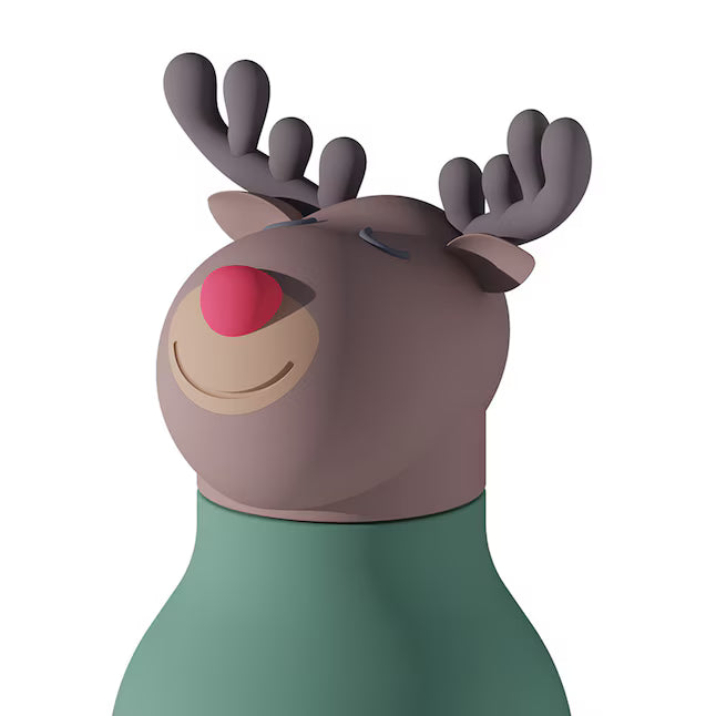 Asobu Bestie Holiday Bottle 16oz Reindeer, cheerful reindeer head atop a green bottle with a red nose.