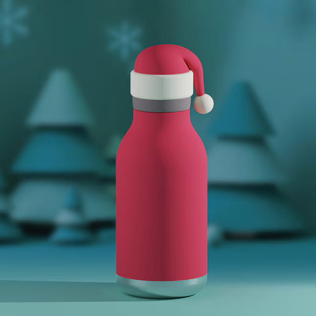 Asobu Bestie Holiday Bottle 16oz Santa-pink insulated water bottle with white/gray lid and Santa hat, standing upright.