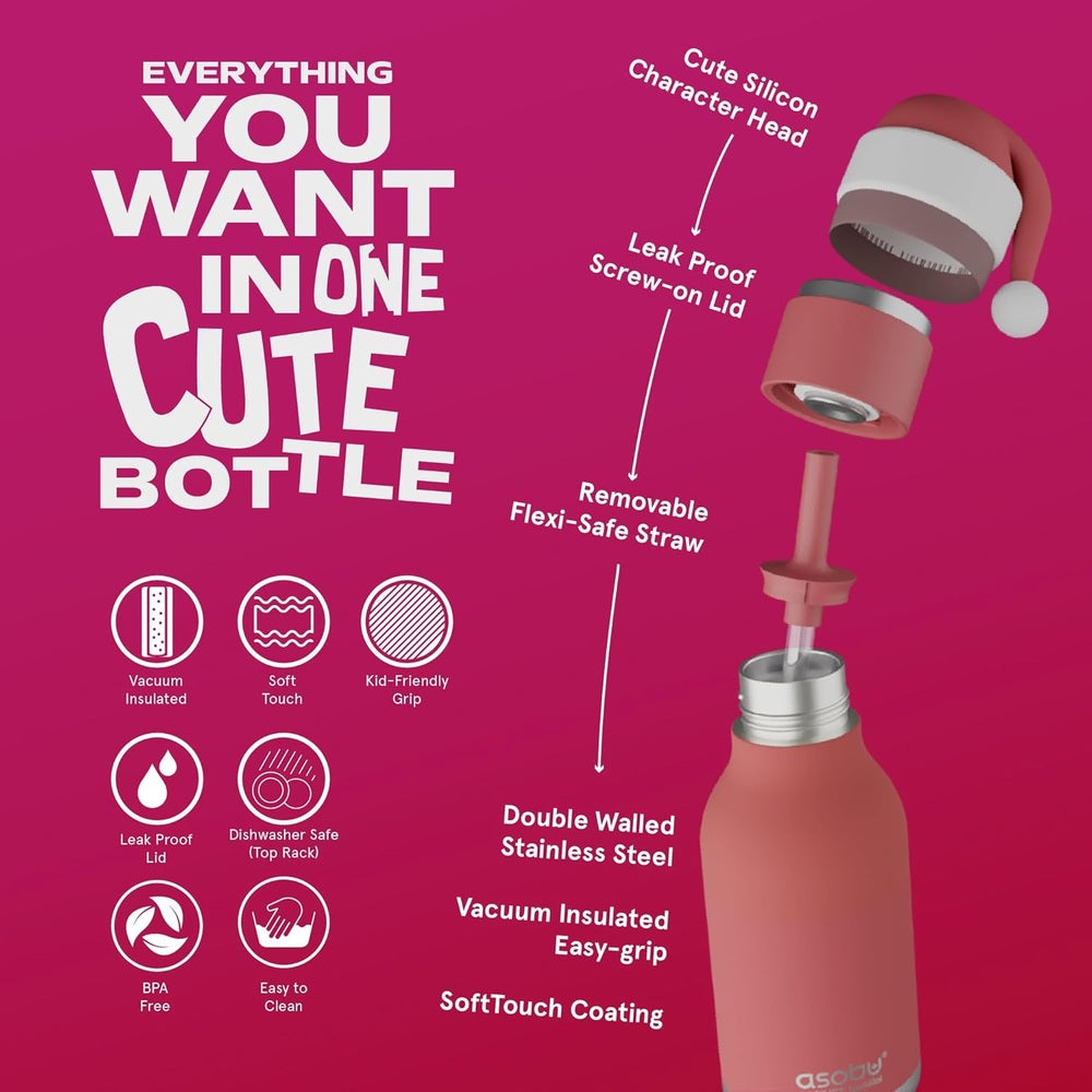 ASOBU Bestie Holiday Bottle 16oz Santa, pink, with leak-proof lid and removable straw on a double-walled stainless bottle