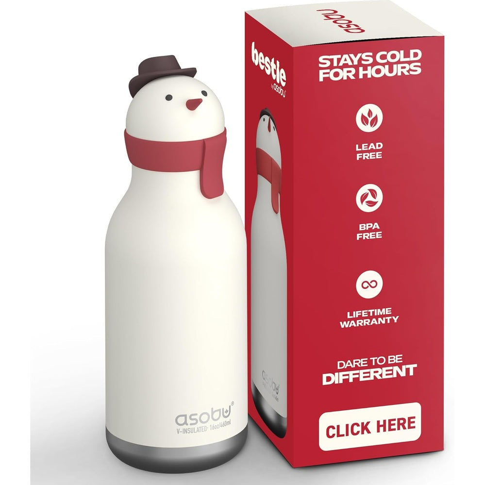 ASOBU Bestie Holiday Bottle 16oz Snowman stands upright beside red box, highlighting stays cold for hours.