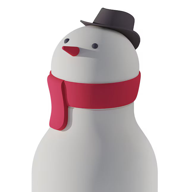 ASOBU Bestie Holiday Bottle 16oz Snowman, white snowman water bottle with red scarf and black hat, standing upright