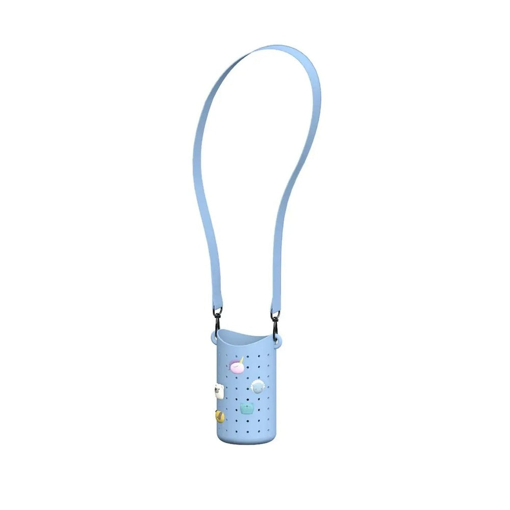 Asobu Bestie Sling Bottle Carrier Blue, perforated blue bottle sleeve worn crossbody with long strap.