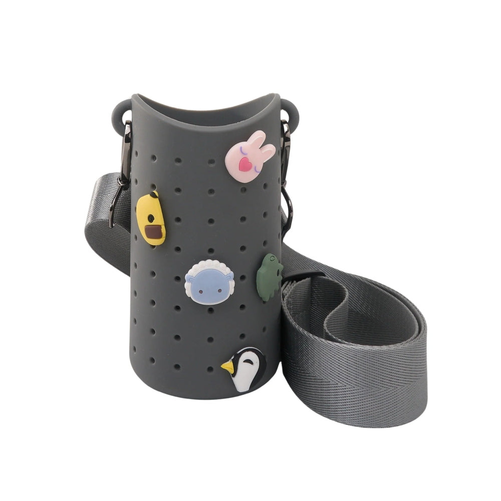 Asobu Bestie Sling Bottle Carrier Smoke bottle sleeve with gray adjustable strap and playful animal pins.