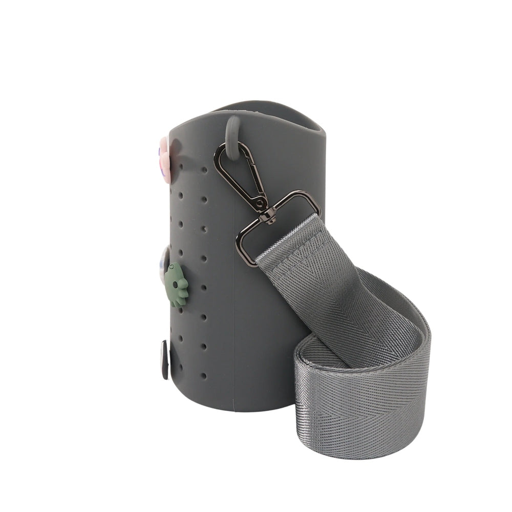 Asobu Bestie Sling Bottle Carrier Smoke with gray strap and carabiner clip for hands-free carrying.