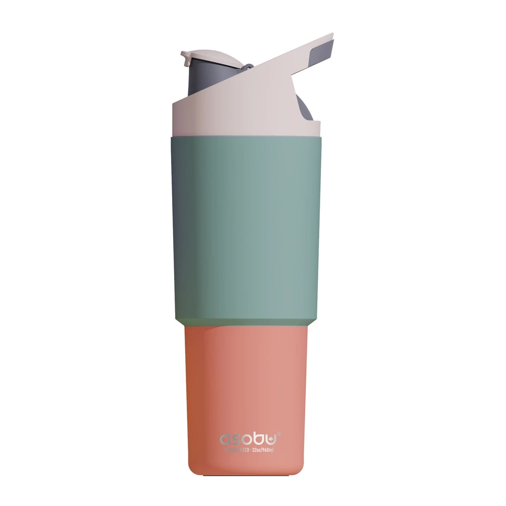 Asobu Cosmic Water Bottle 32oz Pastel Green with coral bottom and flip-top spout in use.