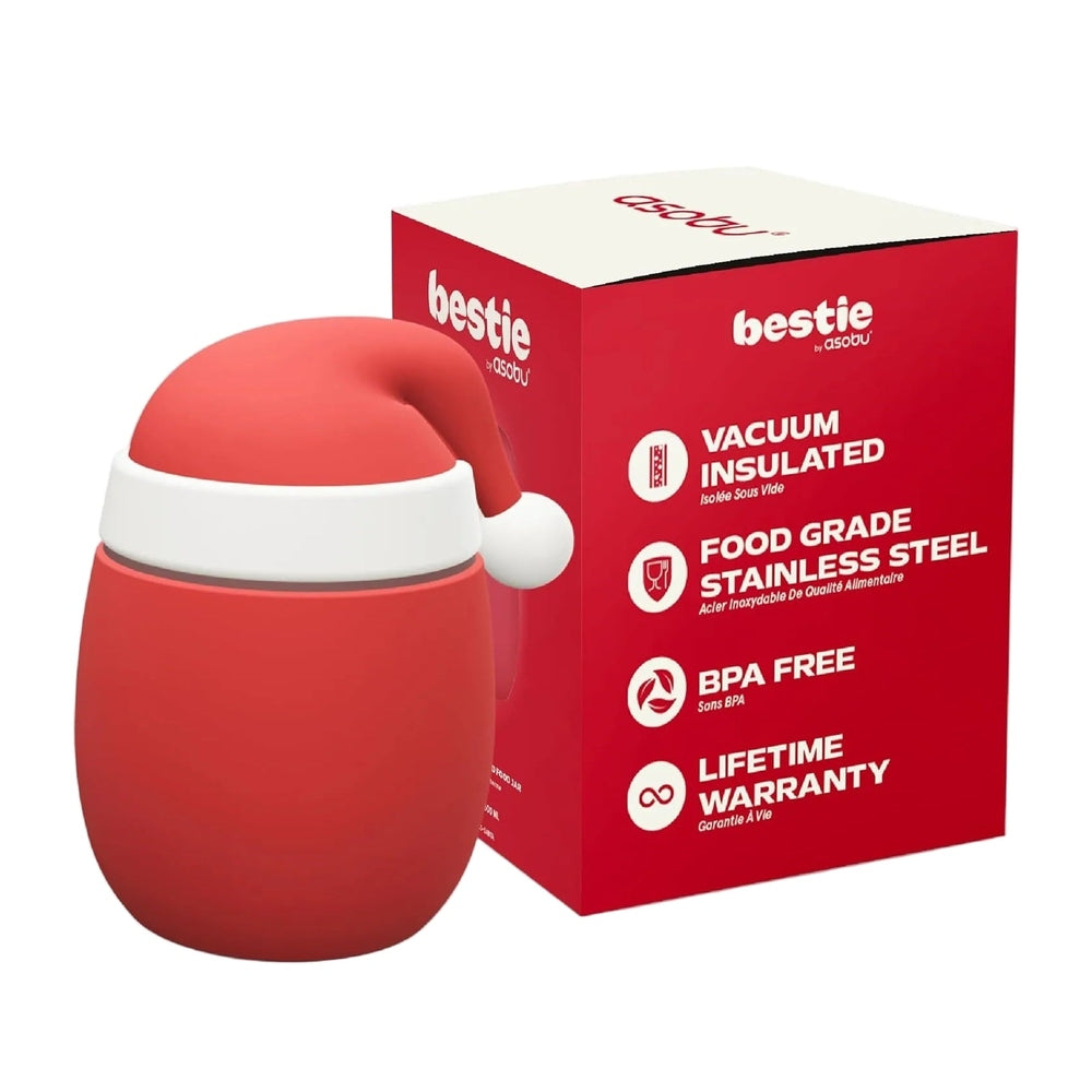 Asobu Foodie Holiday Kids Insulated Food Jar 20oz Santa, a red vacuum-insulated stainless steel jar with white lid and Santa hat.