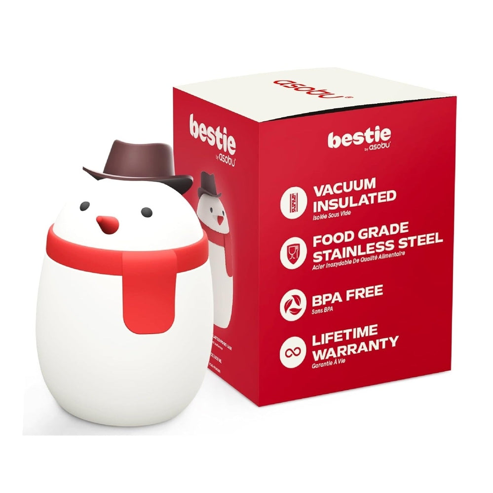 Asobu Foodie Holiday Kids Insulated Food Jar 20oz Snowman beside red package showing vacuum insulated, food-grade stainless steel.