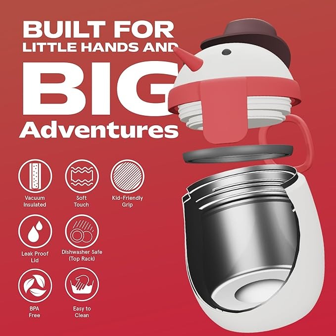 ASOBU Foodie Holiday Kids Insulated Food Jar 20oz Snowman, red with a kid-friendly grip and leak-proof lid.