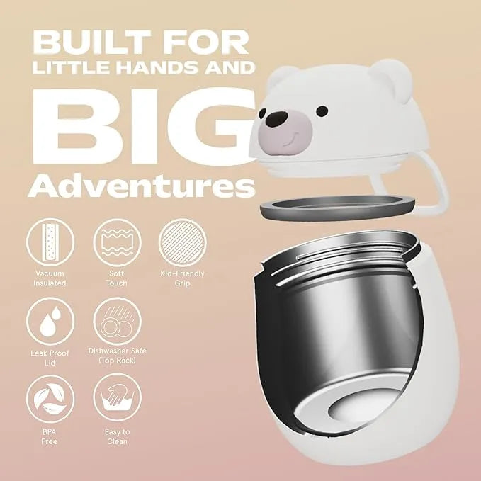 Asobu Foodie Kids Insulated Food Jar 20oz Bear; white bear lid, stainless steel body, leak-proof, BPA-free, kid-friendly grip
