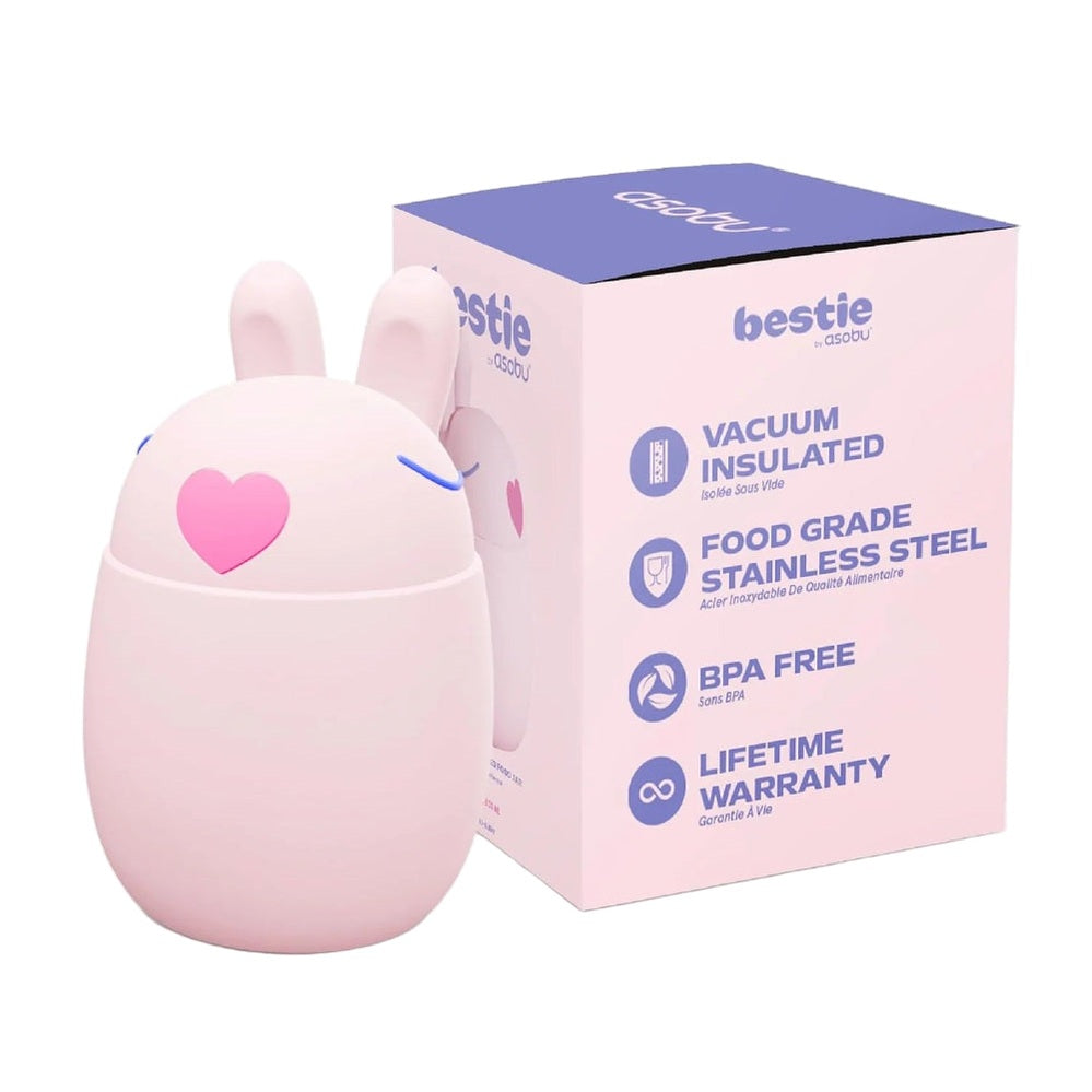 Pink cartoon-style tumbler with a heart on a white background, next to its packaging box.