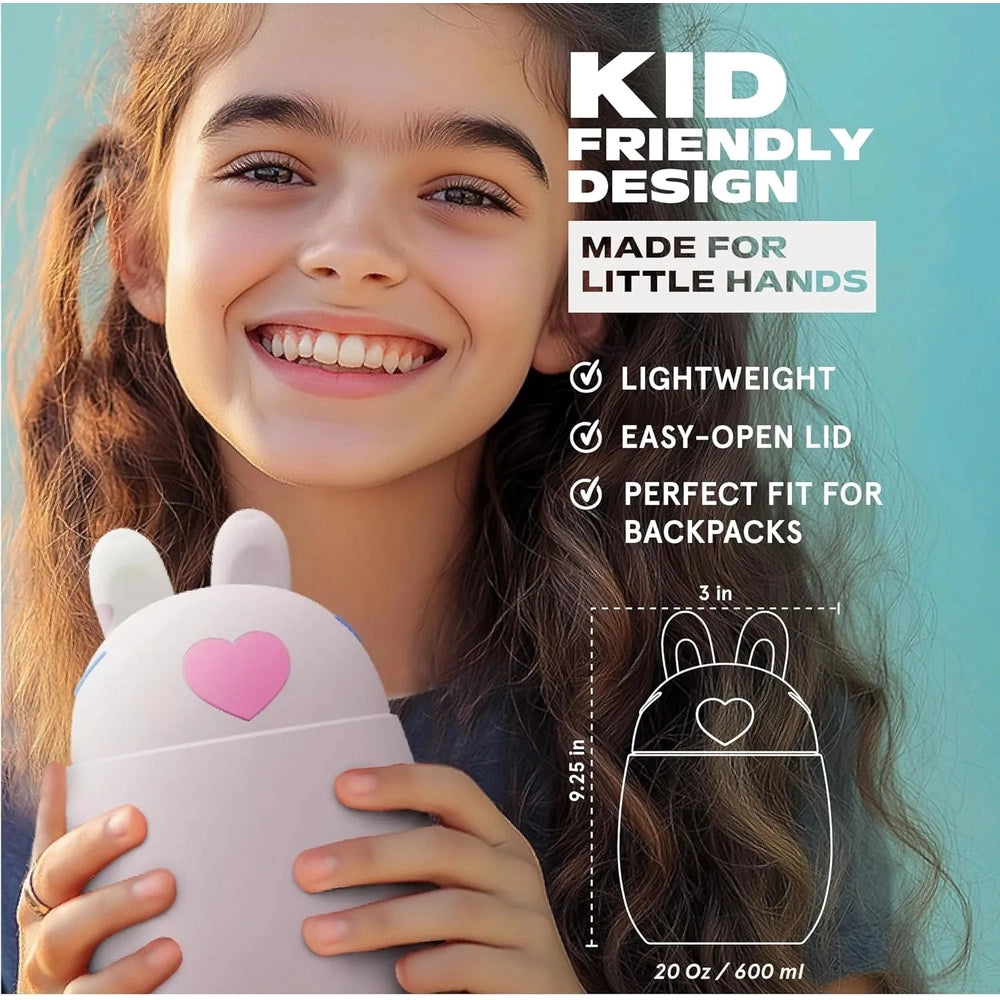Asobu Foodie Kids Insulated Food Jar 20oz Bunny held by a smiling girl, bunny ears and pink heart design
