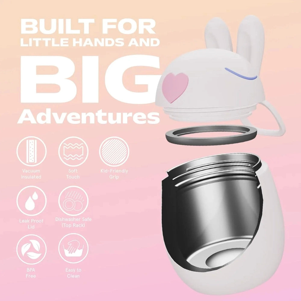Asobu Foodie Kids Insulated Food Jar 20oz Bunny in pastel pink, bunny lid attached, showing vacuum insulation and leak-proof lid.