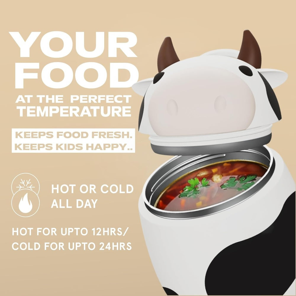 Asobu Foodie Kids Insulated Food Jar 20oz Cow with lid open showing hot soup to prove insulation.