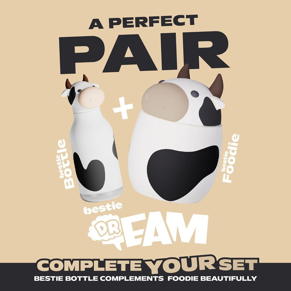Asobu Foodie Kids Insulated Food Jar 20oz Cow with matching cow-pattern bottle in a durable kid-sized set.