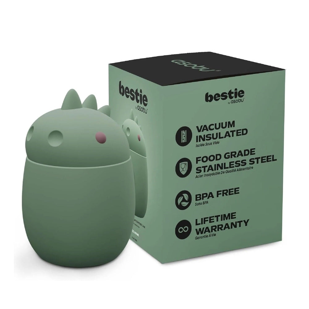 ASOBU Foodie Kids Insulated Food Jar 20oz Dinosaur in sage green, vacuum insulated, BPA-free, pictured beside its box.