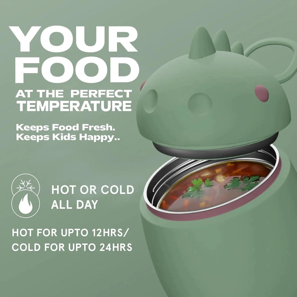 Asobu Foodie Holiday Kids Insulated 20oz Dinosaur thermos with lid open showing soup, keeps hot or cold.