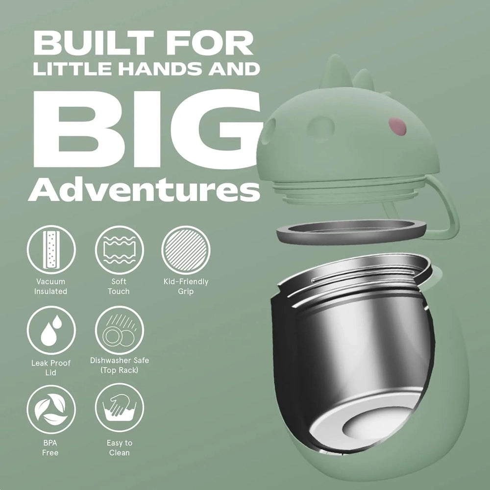 ASOBU Foodie Kids Insulated Food Jar 20oz Dinosaur, mint green, lid removed to reveal stainless interior and vacuum insulation.