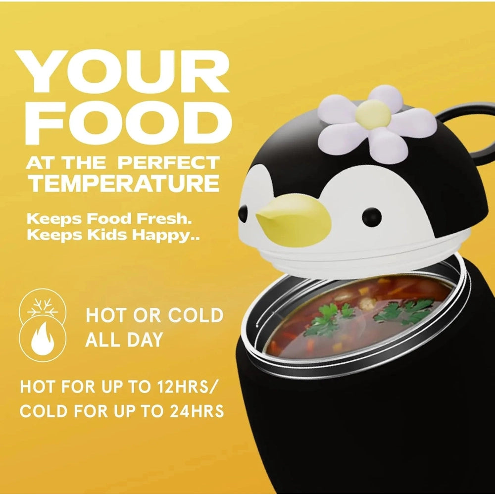Asobu Foodie Kids Insulated Food Jar 20oz Penguin, black/white with flower lid, holding steaming soup to show insulation.