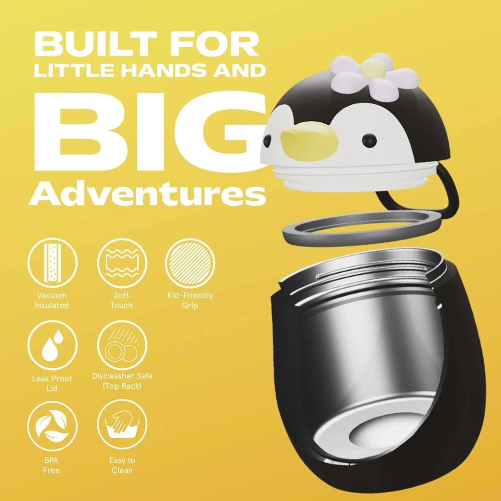 Asobu Foodie Kids Insulated Food Jar 20oz Penguin; vacuum insulated, leak-proof lid, shown with penguin lid and steel interior