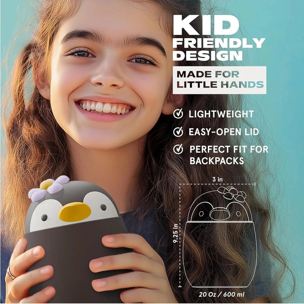 Asobu Foodie Kids Insulated Food Jar 20oz Penguin; smiling child holds lightweight lunch jar, showcasing easy-open lid.