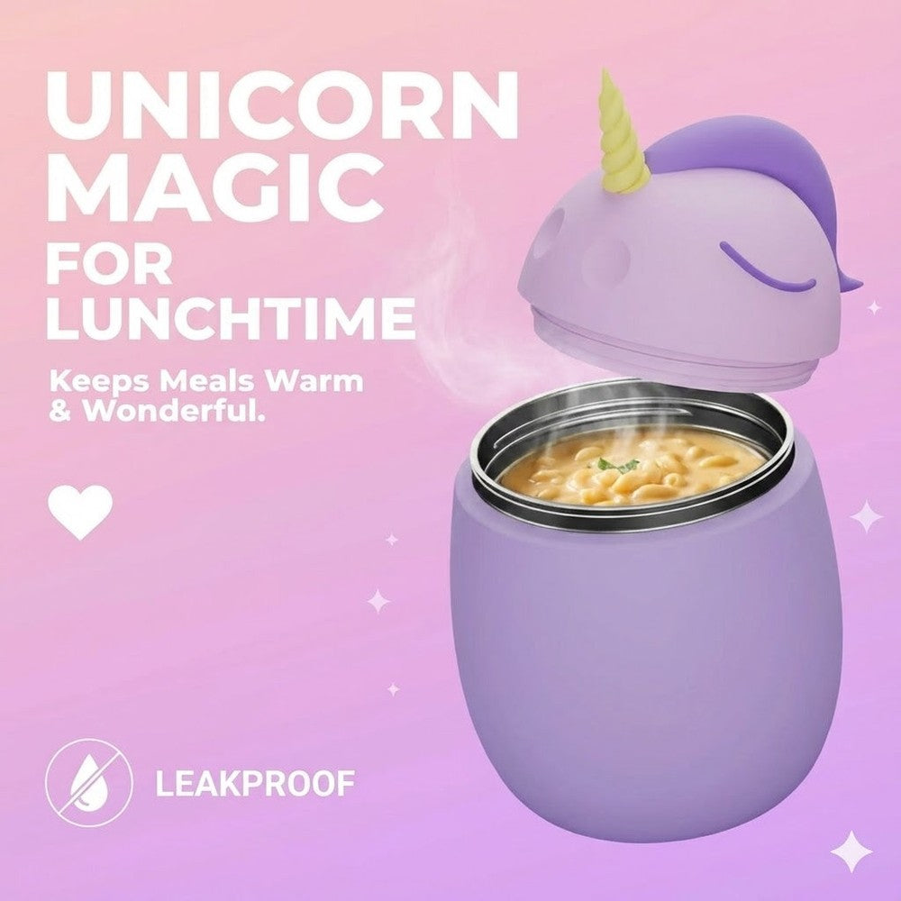 Asobu Foodie Kids Insulated Food Jar 20oz Unicorn in lavender purple with an open lid and steam.