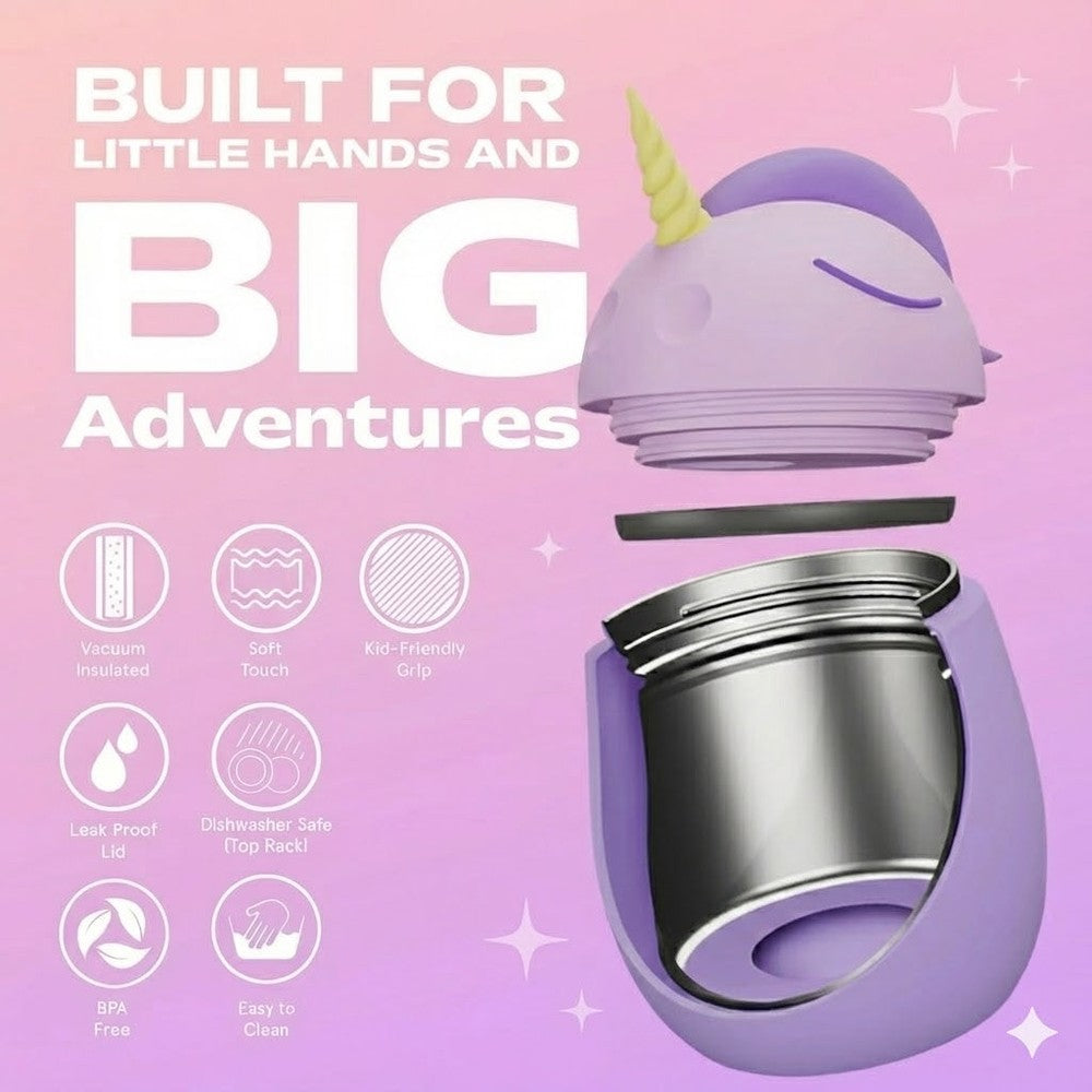 ASOBU Foodie Kids Insulated Food Jar 20oz Unicorn in purple, lid off showing stainless vacuum jar.