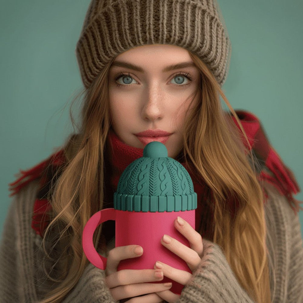 Woman holding a pink mug with a teal knit lid against a teal background