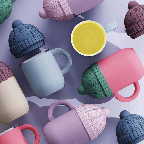 Colorful mugs with knit-style covers on a light purple background
