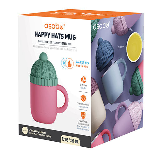 Asobu Happy Hats Mug 12oz Red: pink mug with green knit lid shown in box, ceramic-lined and BPA-free.