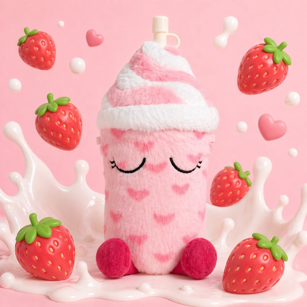 Front view of pink strawberry milk bottle plush character with white-and-pink swirl top, sleepy embroidered eyes, dark pink feet, and heart pattern.