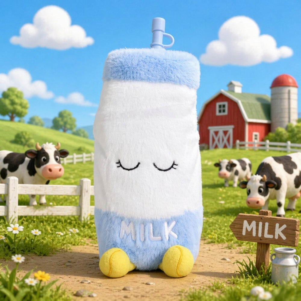 Front view of white and light blue milk carton plush with embroidered sleeping eyes, "MILK" text, and yellow feet in a farm-themed scene.