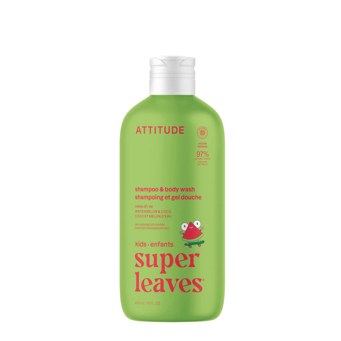 ATTITUDE 2-in-1 Kids Shampoo & Body Wash Watermelon & Coco 473 mL front bottle