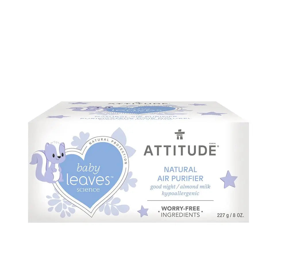 Attitude Air Purifier 227G packaging with blue baby leaves heart logo and friendly squirrel graphic.