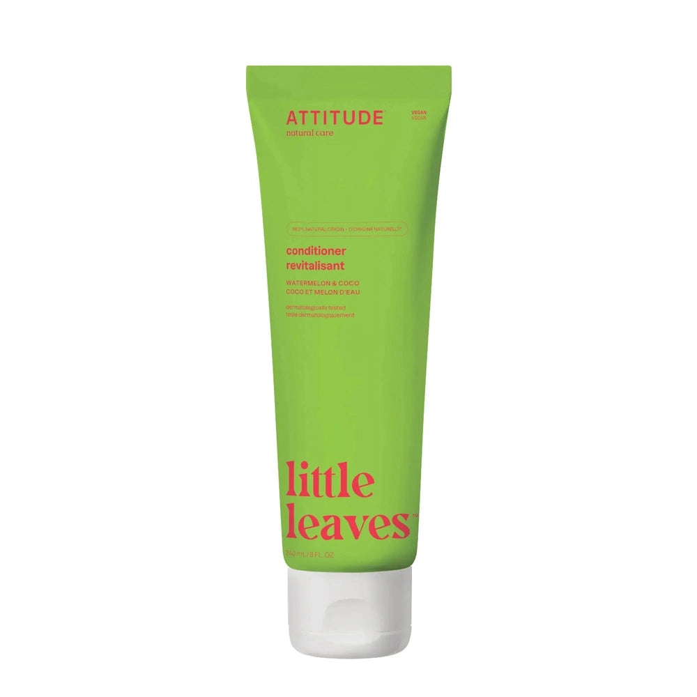 Attitude conditioner 240 ml tube standing upright with white cap, bright green packaging and watermelon & coco formula.