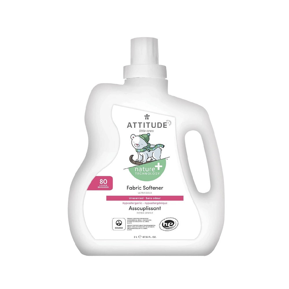 Attitude Fabric Softener 2L fragrance-free bottle, white plastic with bear logo