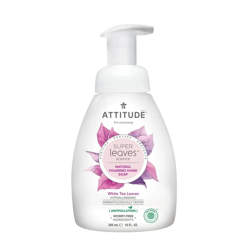 ATTITUDE Foaming Hand Soap 295 ml, white bottle with pink tea leaves; pump dispenses rich foam.