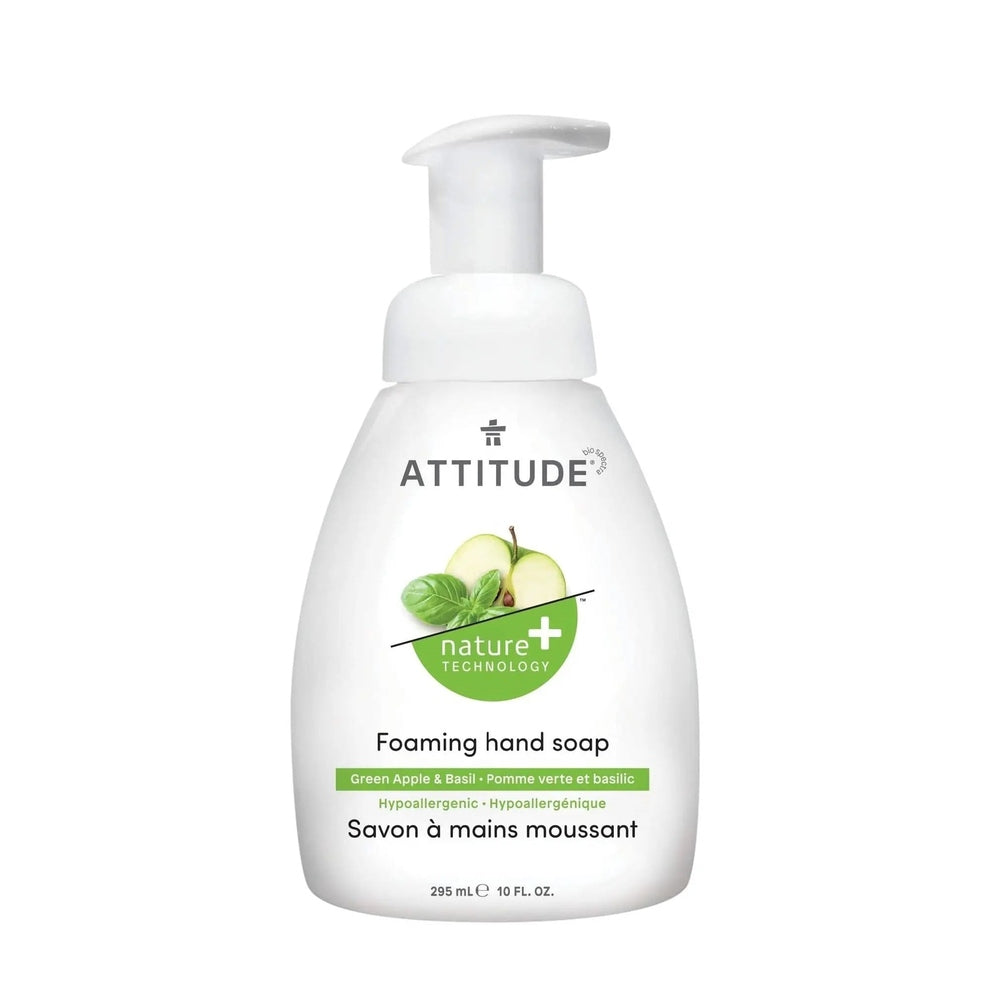 Attitude Foaming Hand Soap 295 ml, white bottle with pump, dispensing foamy soap with Green Apple & Basil scent.