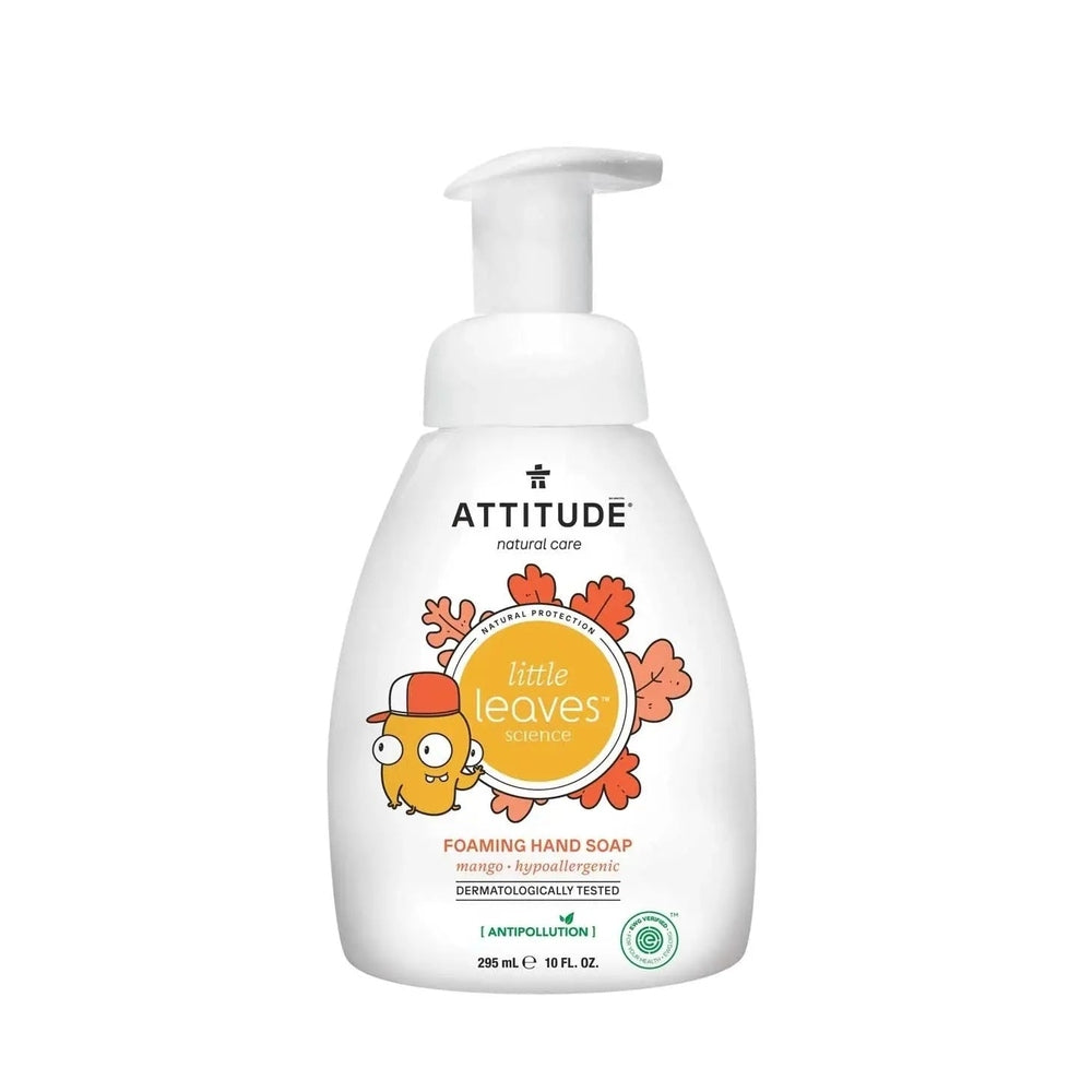 Attitude Foaming Hand Soap 295 ml, mango scent, hypoallergenic; bottle shows cartoon mango mascot foaming.