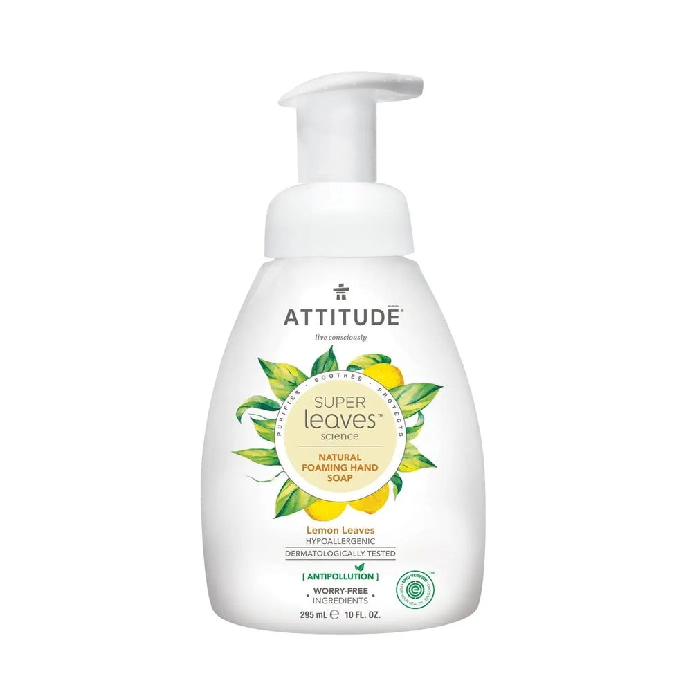 Attitude Foaming Hand Soap 295 ml white bottle with lemon leaves, hypoallergenic and dermatologist tested.