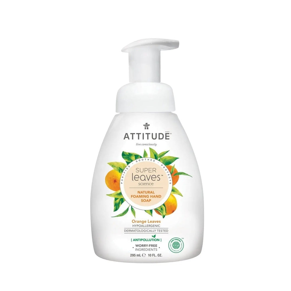 ATTITUDE Foaming Hand Soap 295 ml in white bottle with orange leaves, natural foaming formula.