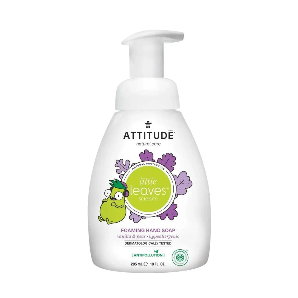 Attitude Foaming Hand Soap 295 ml white bottle with pump top and Little Leaves logo, ready to dispense.