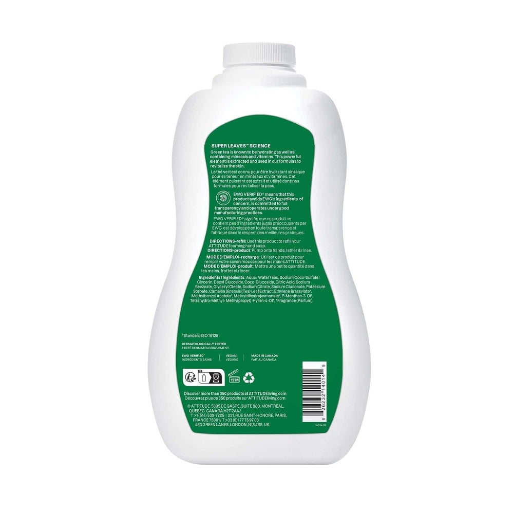 Attitude foaming hand soap Green Apple & Basil refill bottle, 1.04L, white bottle with green label